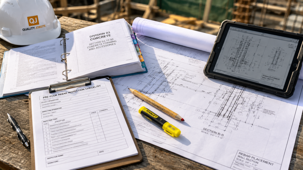 Construction drawings, project specifications, inspection checklist, and hard hat on a jobsite table.