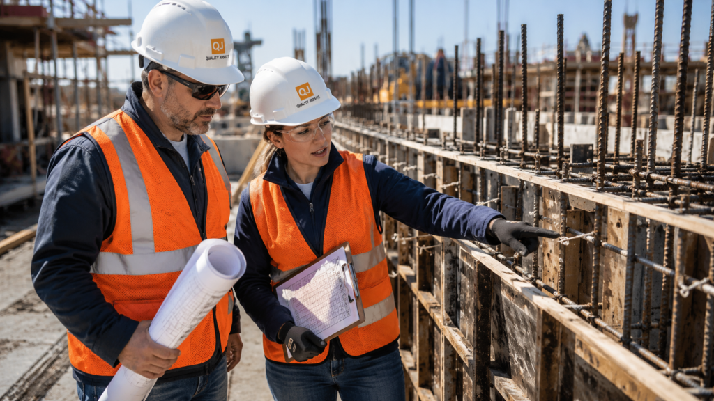 QA/QC inspector and superintendent reviewing rebar placement at a pre-pour hold point on an active concrete construction site.