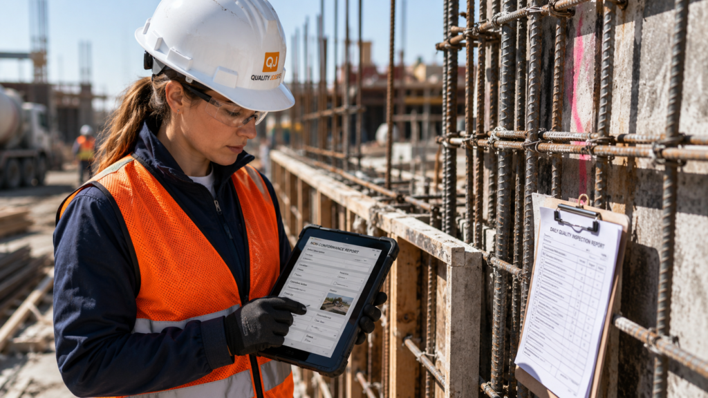 QA/QC inspector documenting a non-conformance using a tablet at a concrete wall form on a construction site.