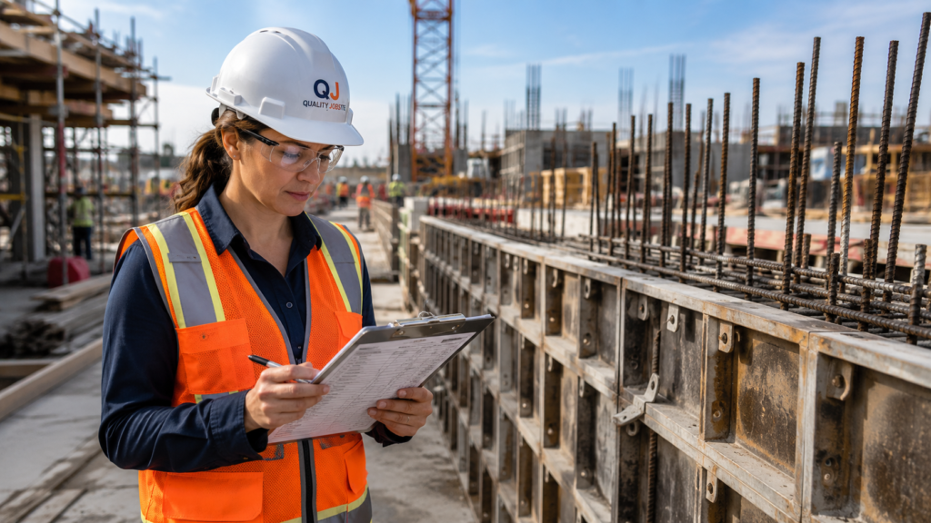 QA/QC inspector reviewing an inspection checklist on an active concrete construction jobsite.