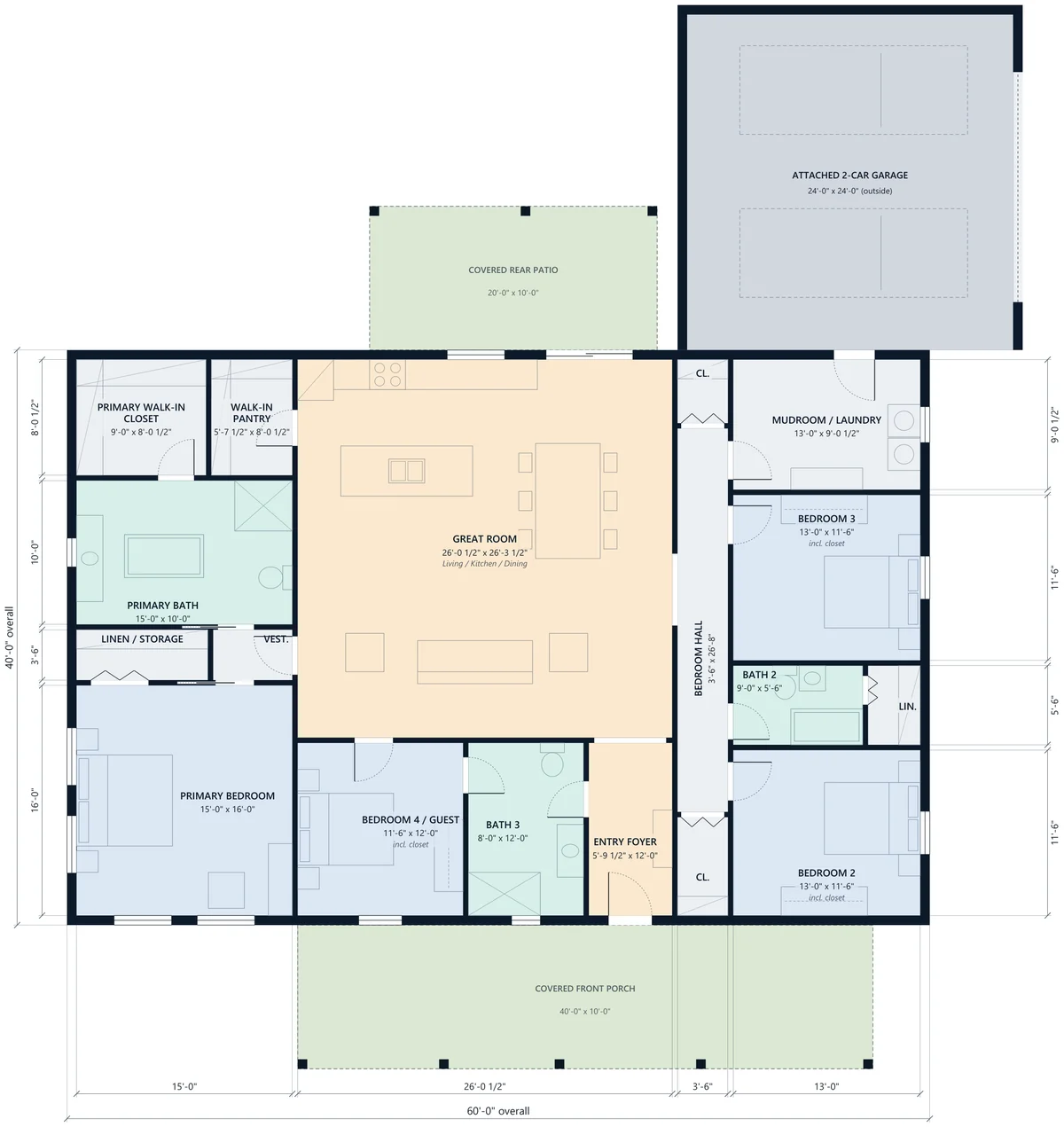 QJ-B4 40x60 barndominium dimensioned floor plan: 4 bedrooms, 3 baths, attached 2-car garage