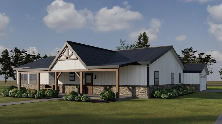 QJ-B4 40x60 barndominium, daytime exterior 3D visualization (materials and landscaping illustrative)