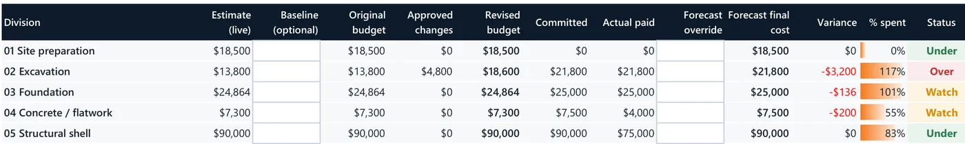 Budget vs Actual · variance by division, flagged automatically